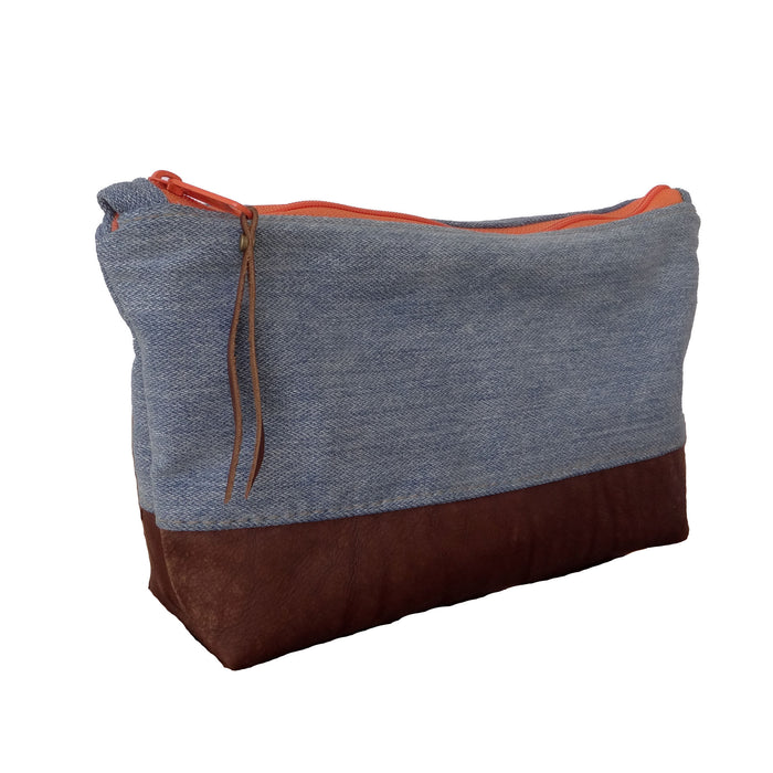 Marianna Repurposed Denim & Leather Pouch - Orange Zipper - 1820 Bag Co.
