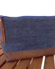 Marianna Repurposed Denim & Leather Pouch - Blue Zipper - 1820 Bag Co.