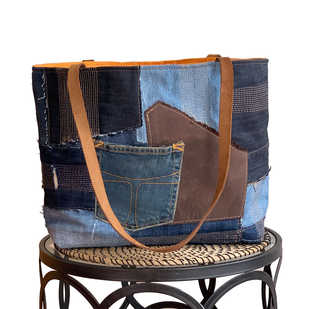 Weston Recycled Patchwork Denim and Leather Tote Bag - 1820 Bag Co.