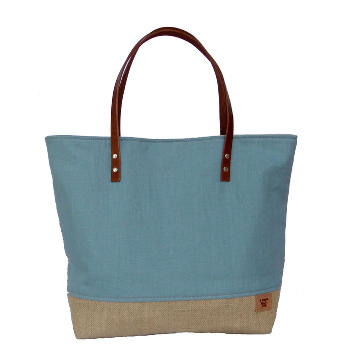 Panama Linen and Burlap Large Tote Bag - Blue and Beige