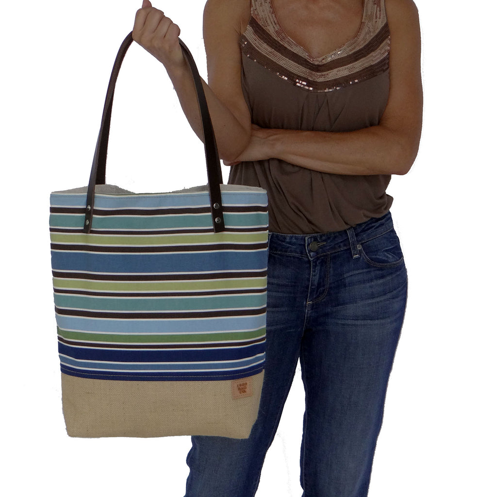 Panama Canvas and Burlap Large Tote Bag - Striped Blue and Beige