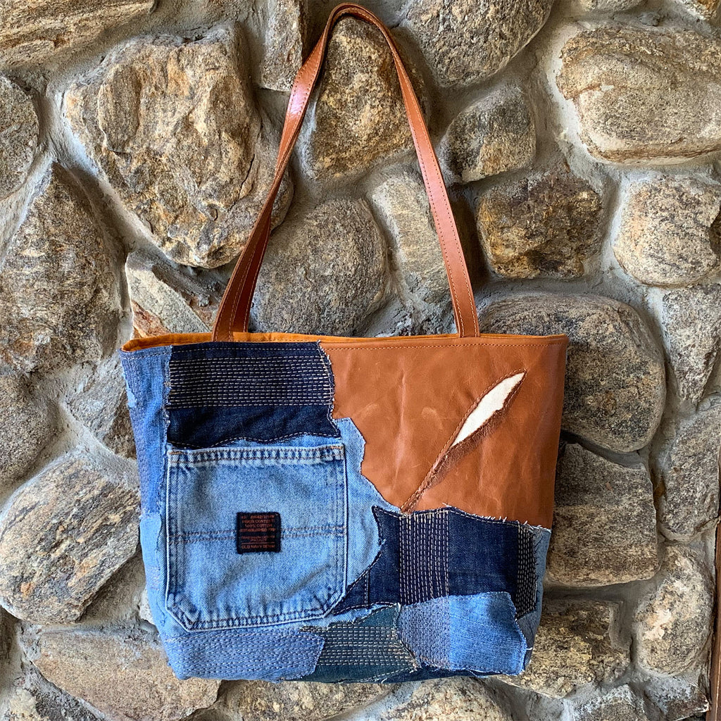 Weston Recycled Patchwork Denim and Leather Tote Bag - 1820 Bag Co.