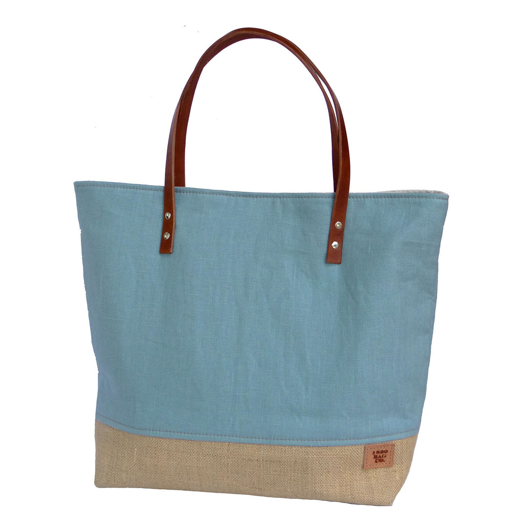 Panama Linen and Burlap Large Tote Bag - Blue and Beige - 1820 Bag Co.
