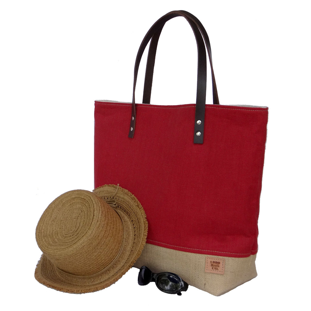 Panama Linen and Burlap Large Tote Bag - Red and Beige - 1820 Bag Co.