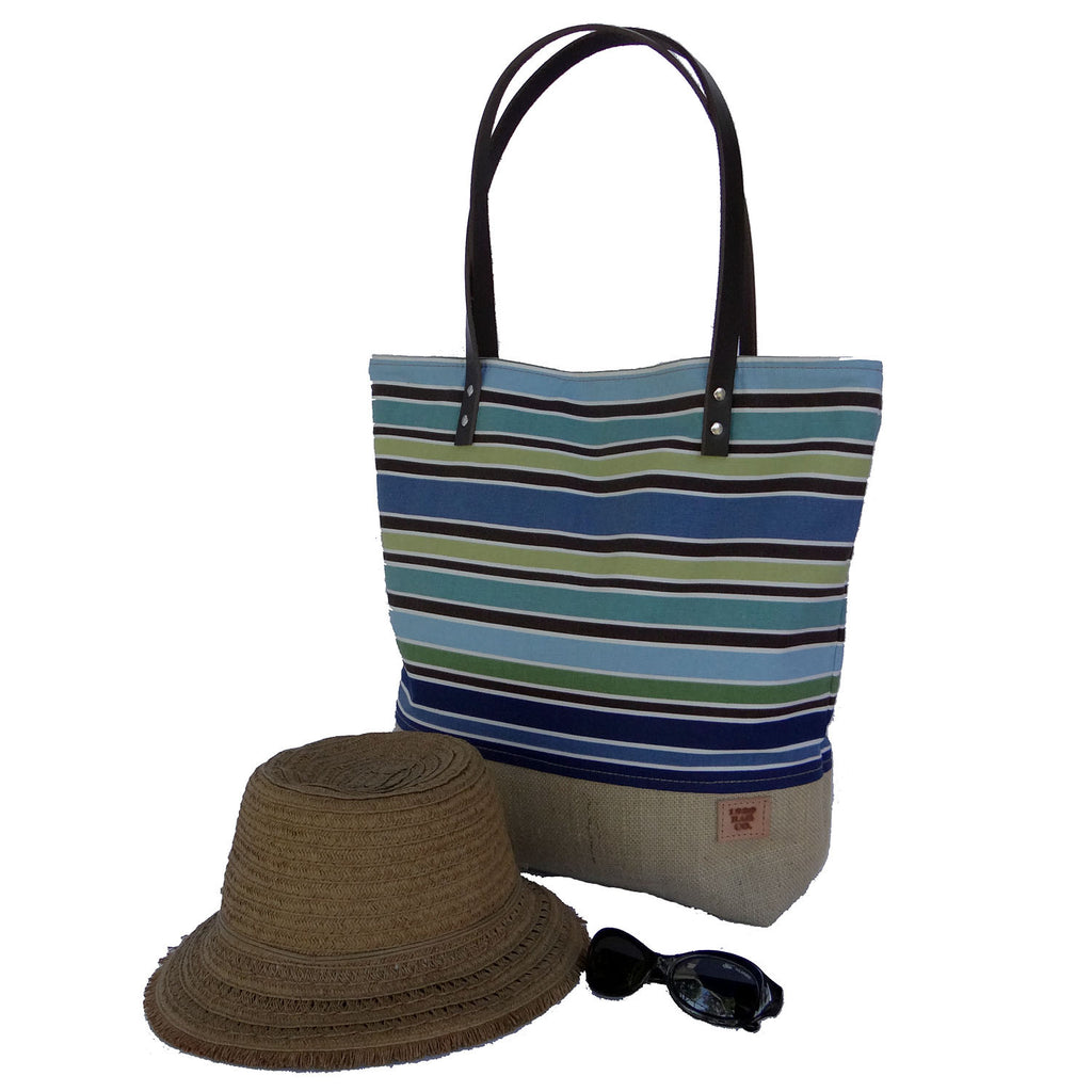 Panama Canvas and Burlap Large Tote Bag - Striped Blue and Beige - 1820 Bag Co.
