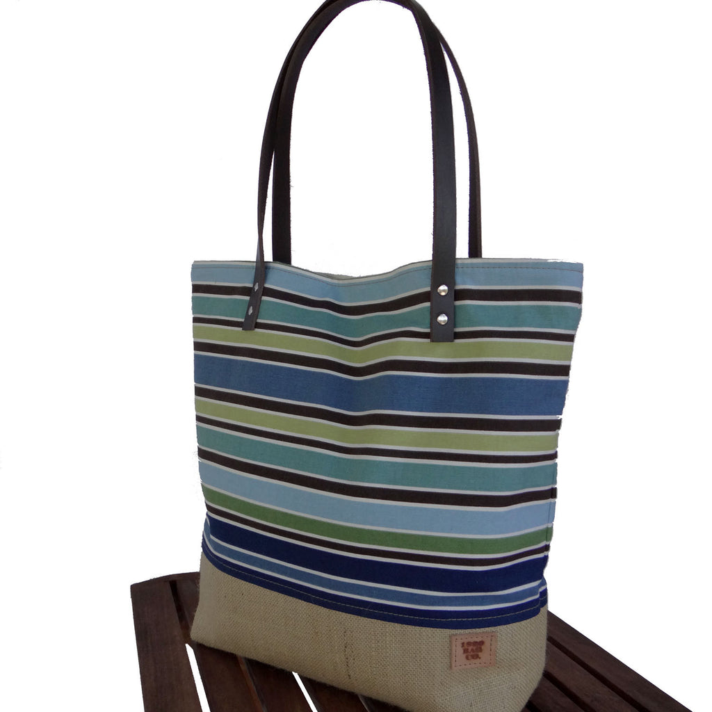 Panama Canvas and Burlap Large Tote Bag - Striped Blue and Beige - 1820 Bag Co.