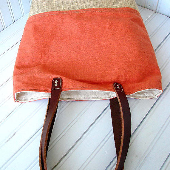 Panama Linen and Burlap Tote Bag - Orange and Burlap - 1820 Bag Co.