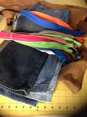 Recycled Jeans = Denim & Leather Zippered Pouches