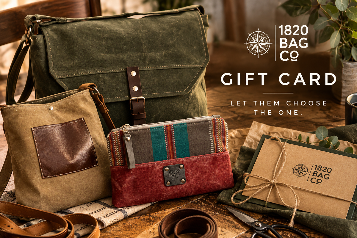 1820 Bag Co. gift card with handcrafted waxed canvas bags and leather goods. 