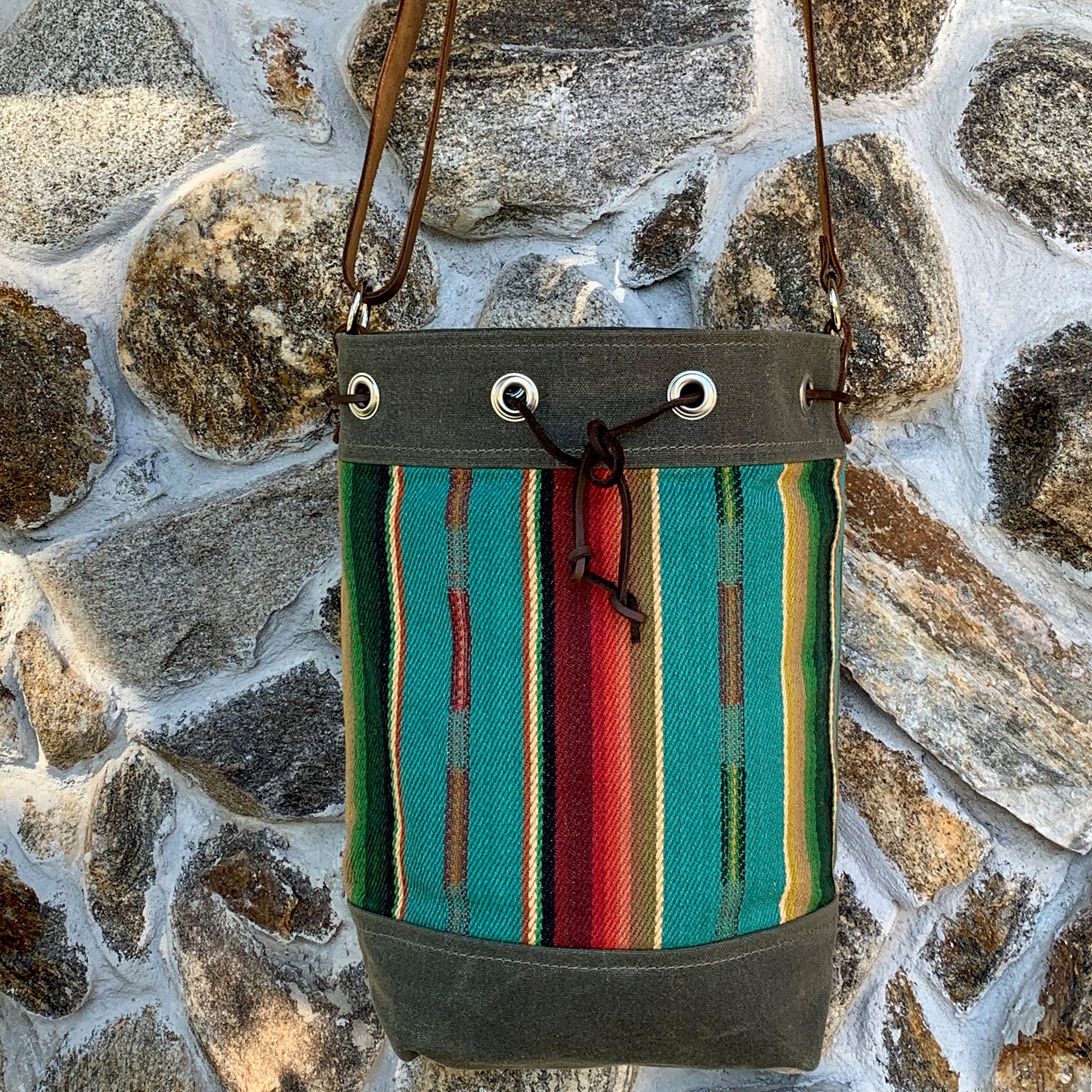 Wildwood Waxed Canvas Bucket Bag - Turquoise Strips - 1820 Bag Co.