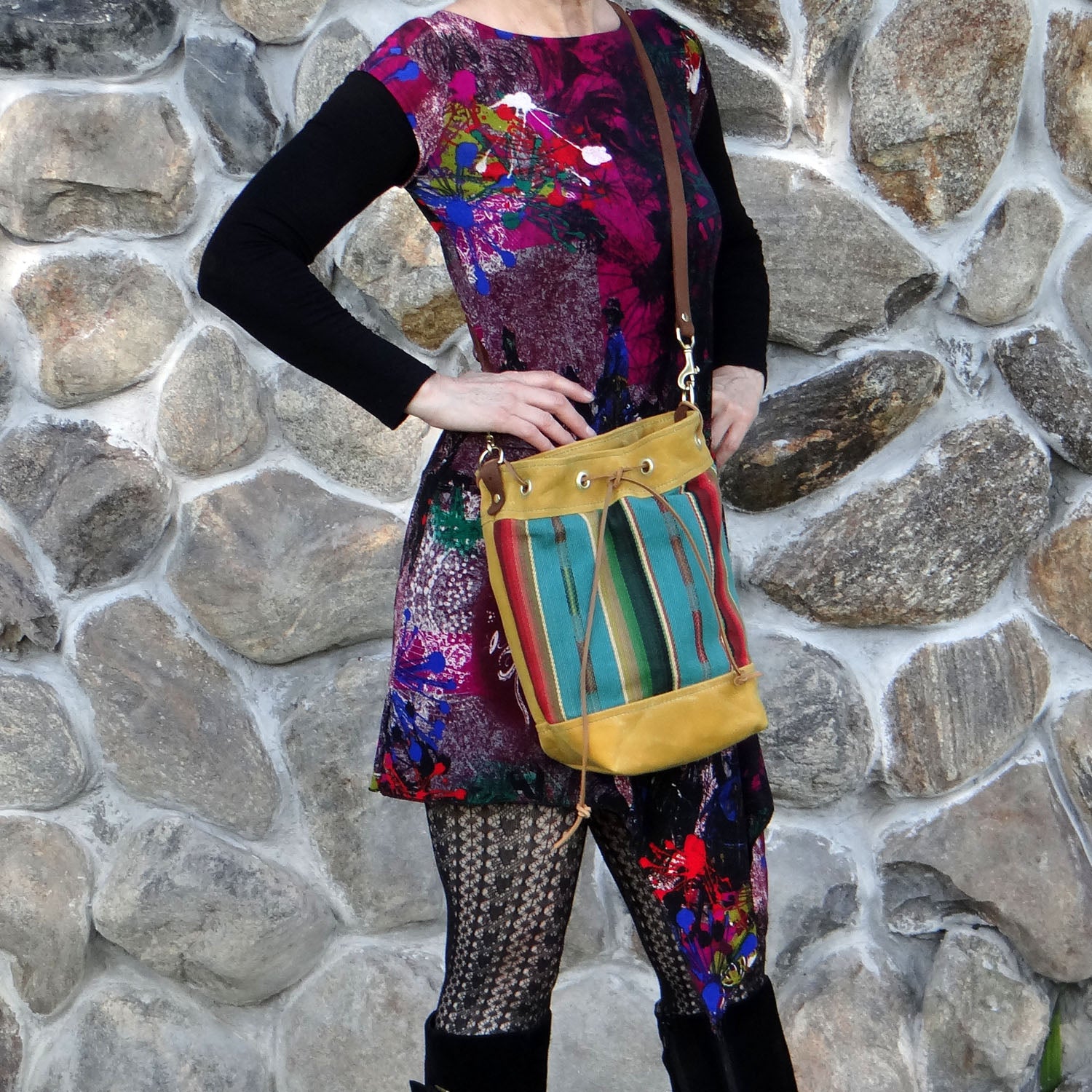 Wildwood Waxed Canvas Bucket Bag - Turquoise Strips - 1820 Bag Co.