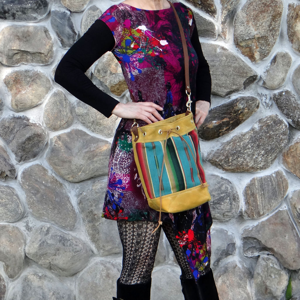 Wildwood Waxed Canvas Bucket Bag - Turquoise Strips - 1820 Bag Co.