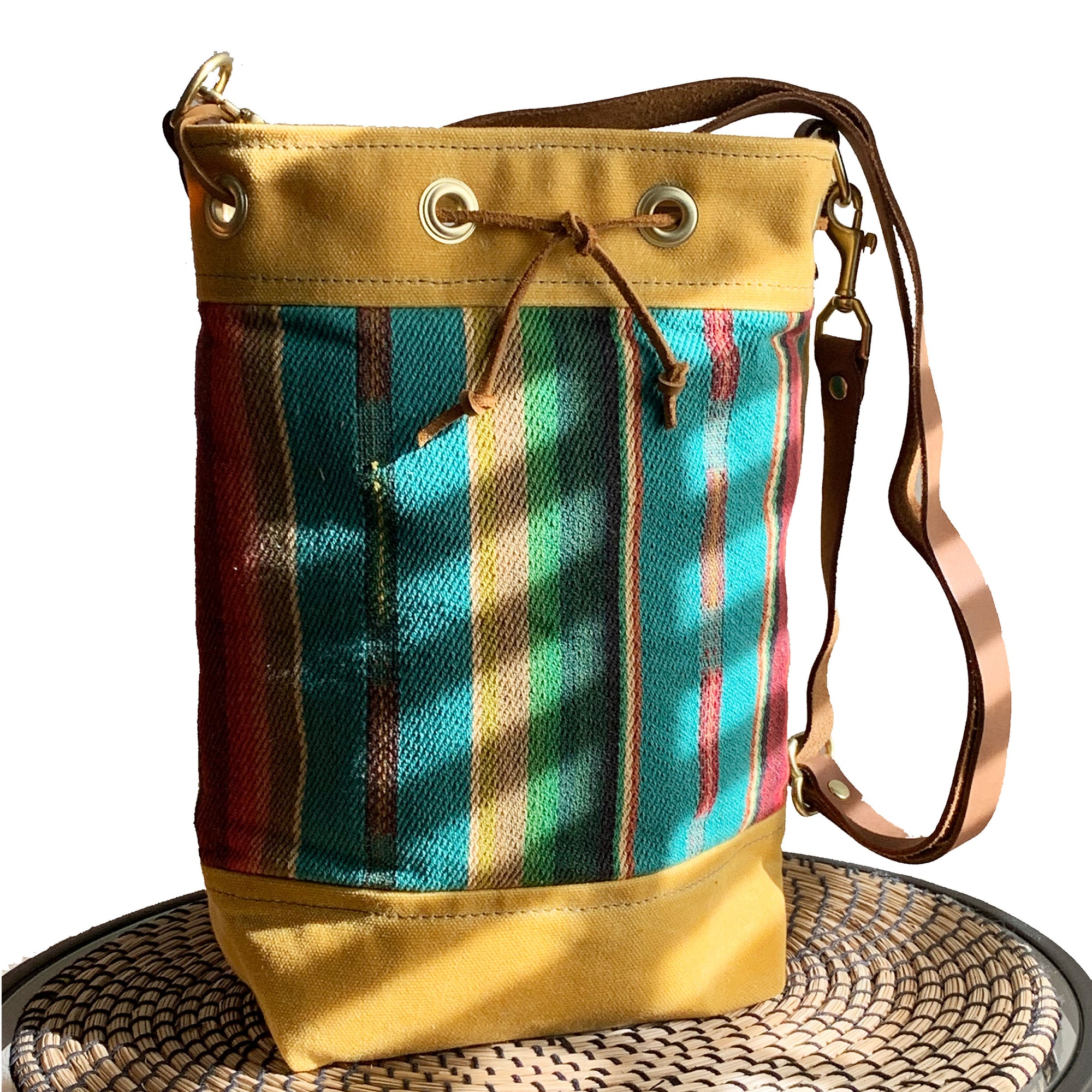Wildwood Waxed Canvas Bucket Bag - Turquoise Strips - 1820 Bag Co.