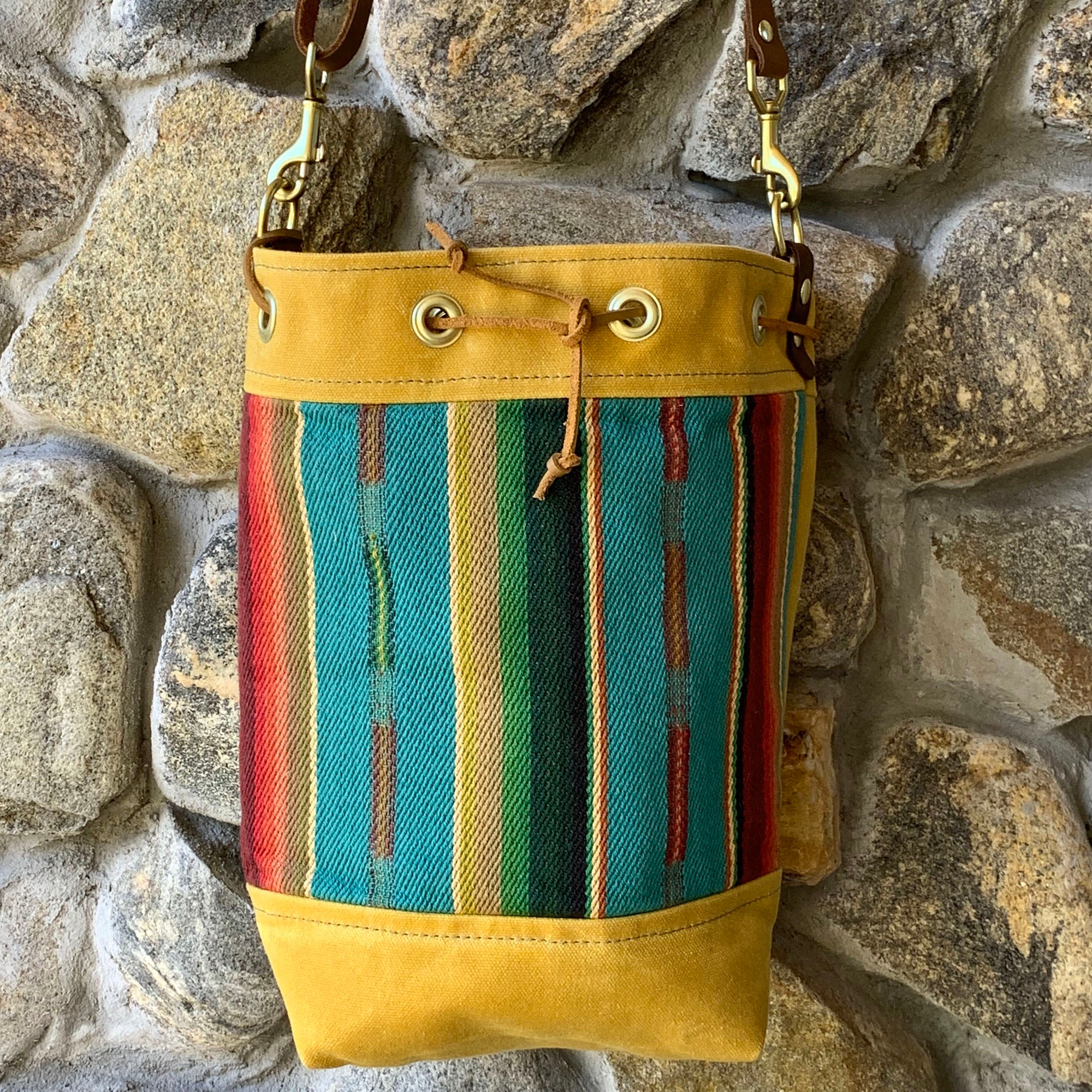 Wildwood Waxed Canvas Bucket Bag - Turquoise Strips - 1820 Bag Co.