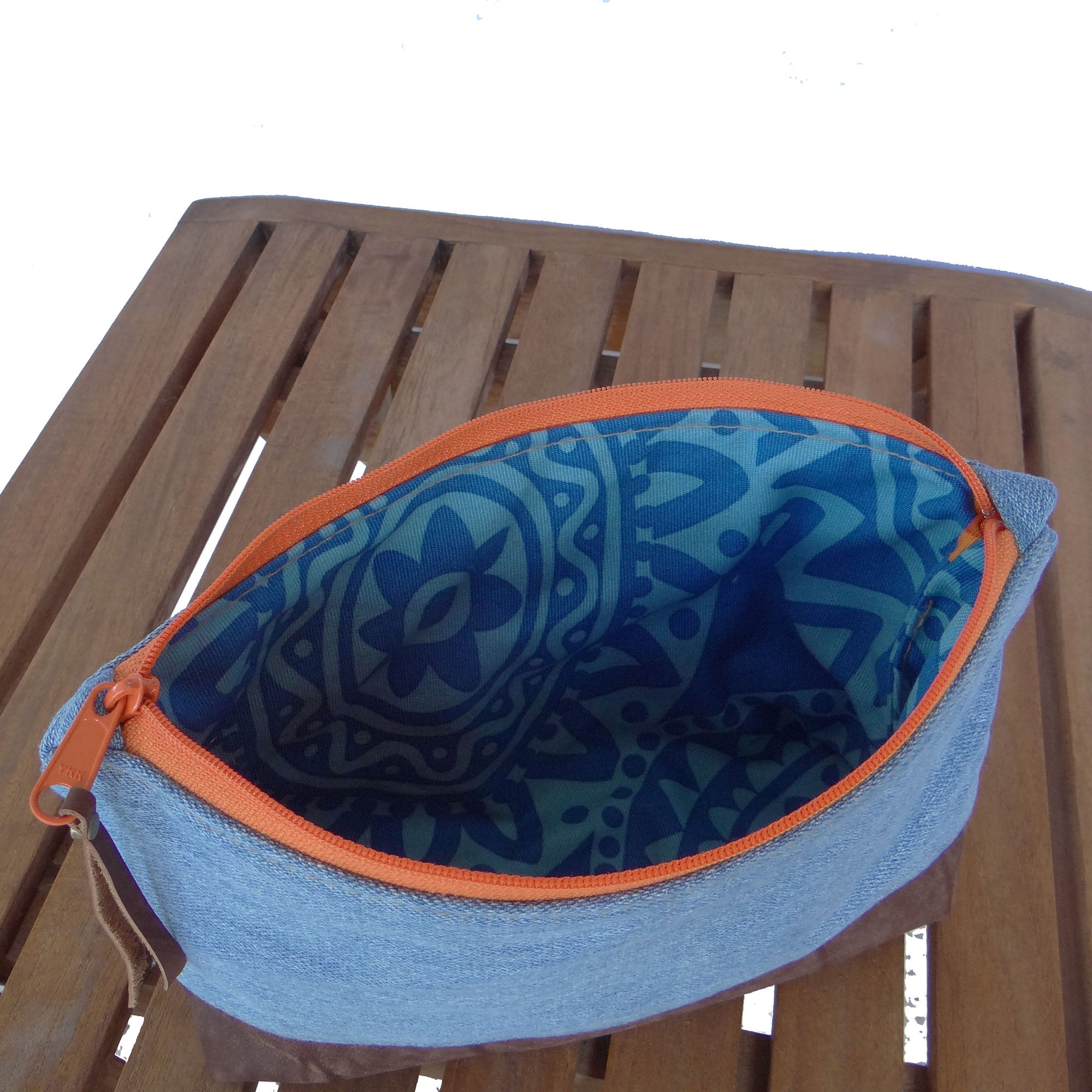 Marianna Repurposed Denim & Leather Pouch - Orange Zipper - 1820 Bag Co.