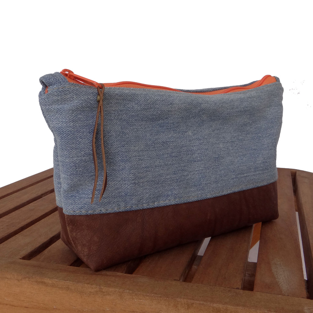 Marianna Repurposed Denim & Leather Pouch - Orange Zipper - 1820 Bag Co.