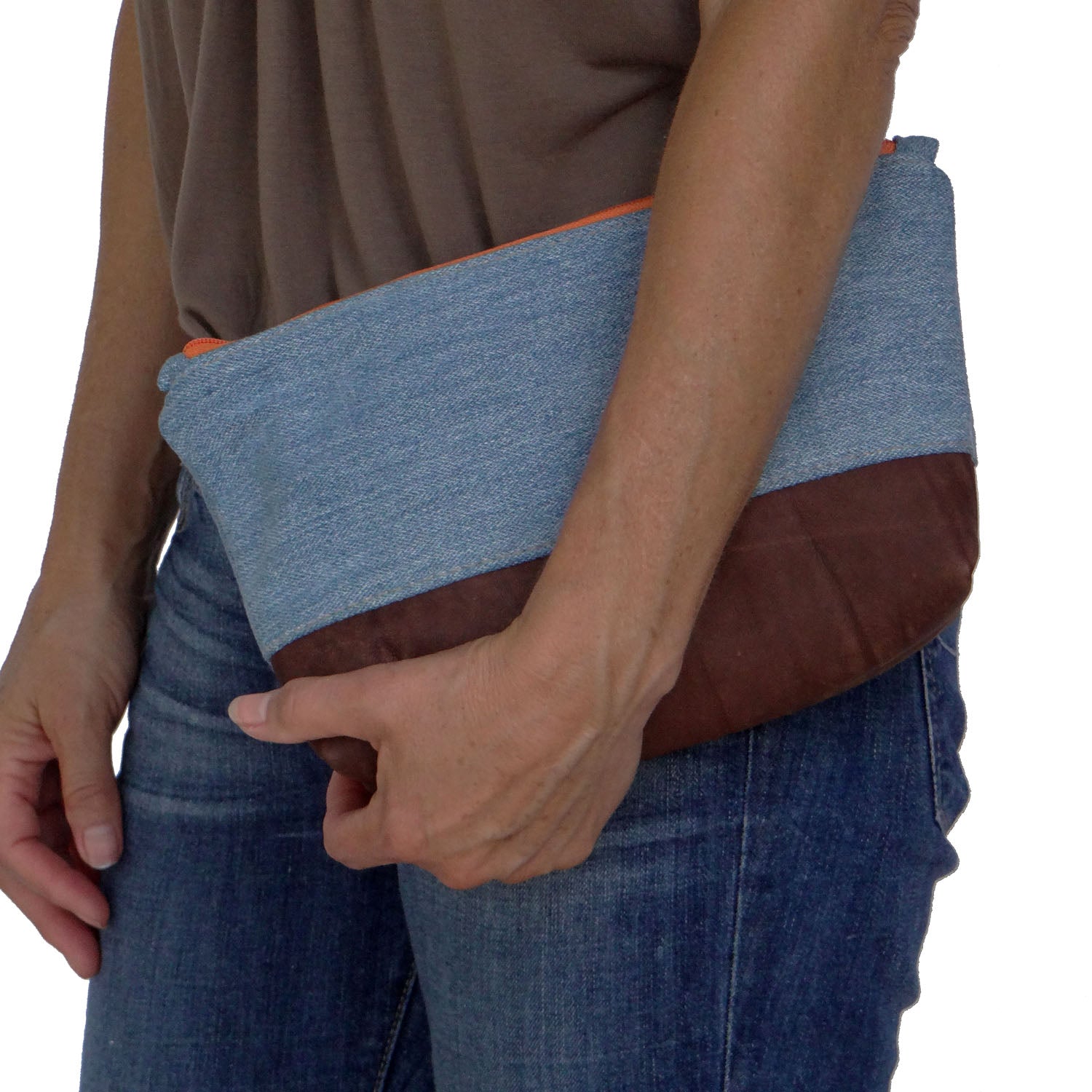Marianna Repurposed Denim &amp; Leather Pouch - Orange Zipper - 1820 Bag Co.