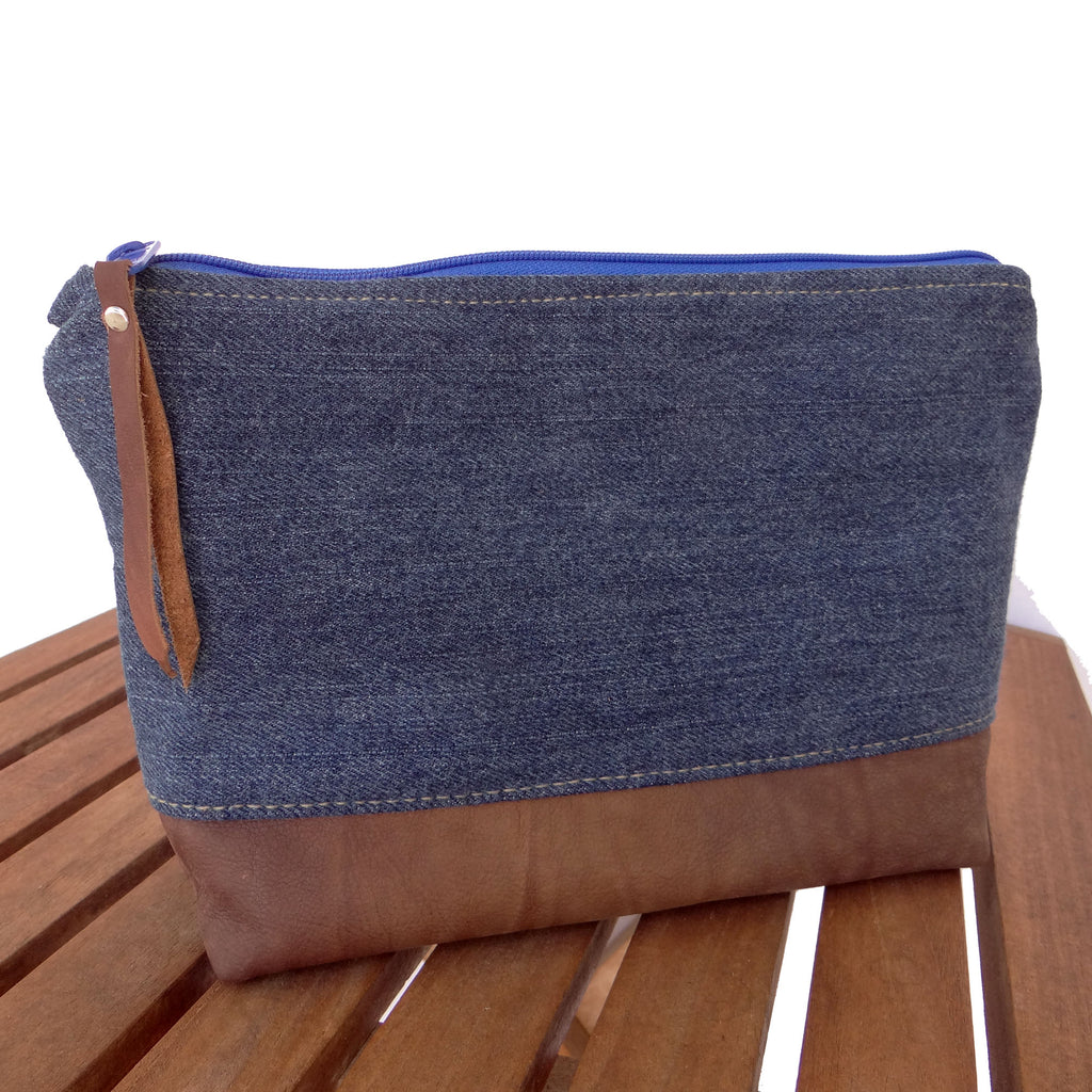 Marianna Repurposed Denim & Leather Pouch - Blue Zipper - 1820 Bag Co.