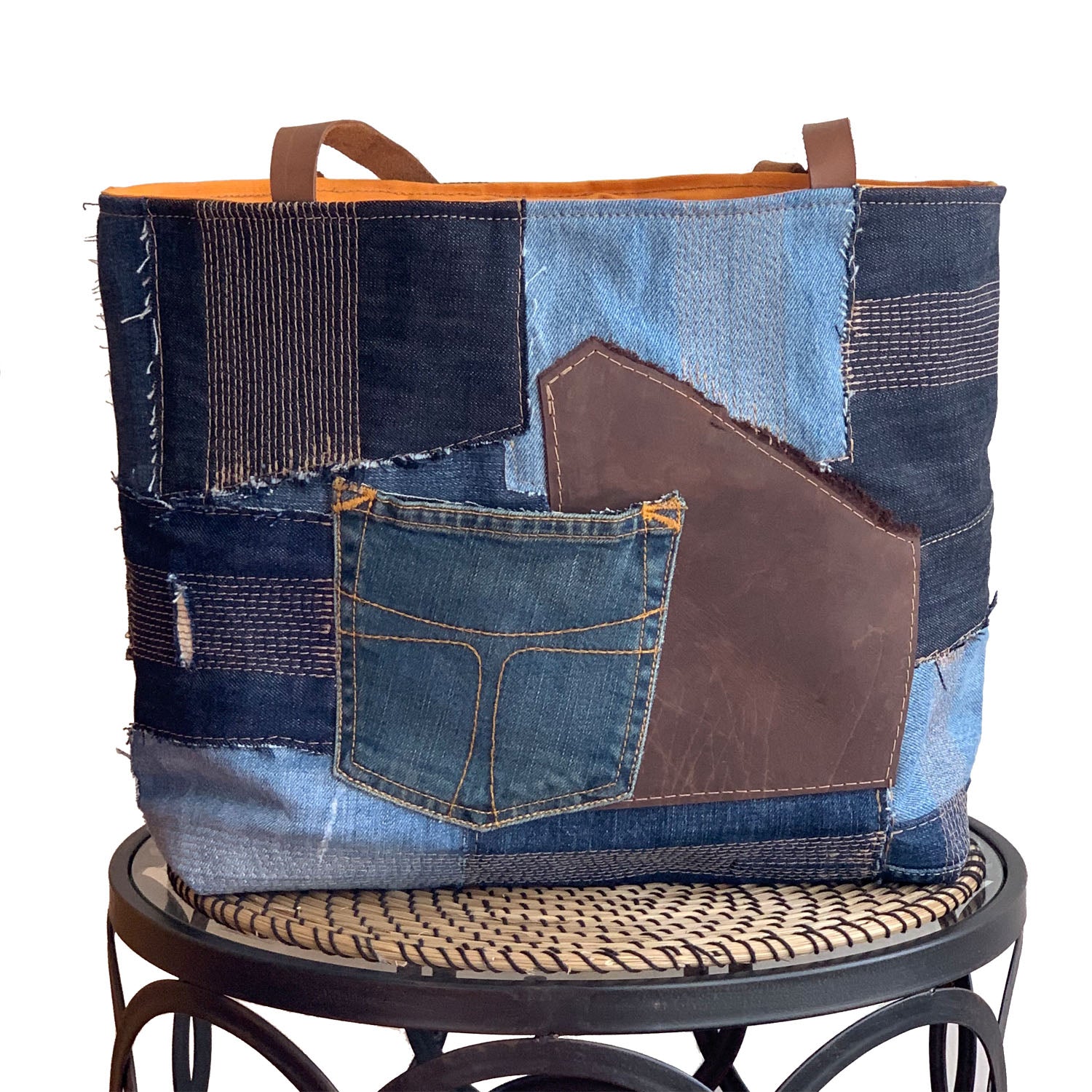 Weston Recycled Patchwork Denim and Leather Tote Bag - 1820 Bag Co.