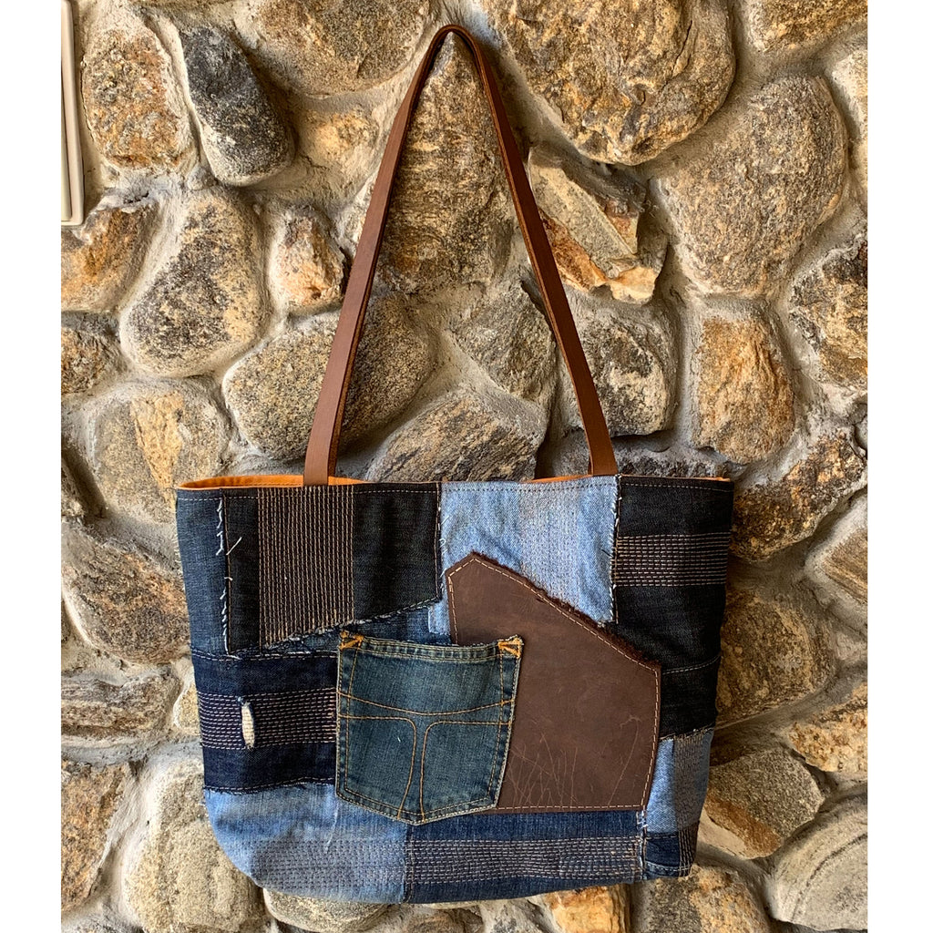 Weston Recycled Patchwork Denim and Leather Tote Bag - 1820 Bag Co.