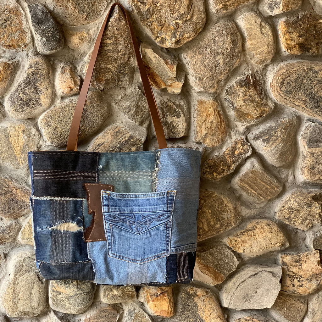Weston Recycled Patchwork Denim and Leather Tote Bag Dark Brown
