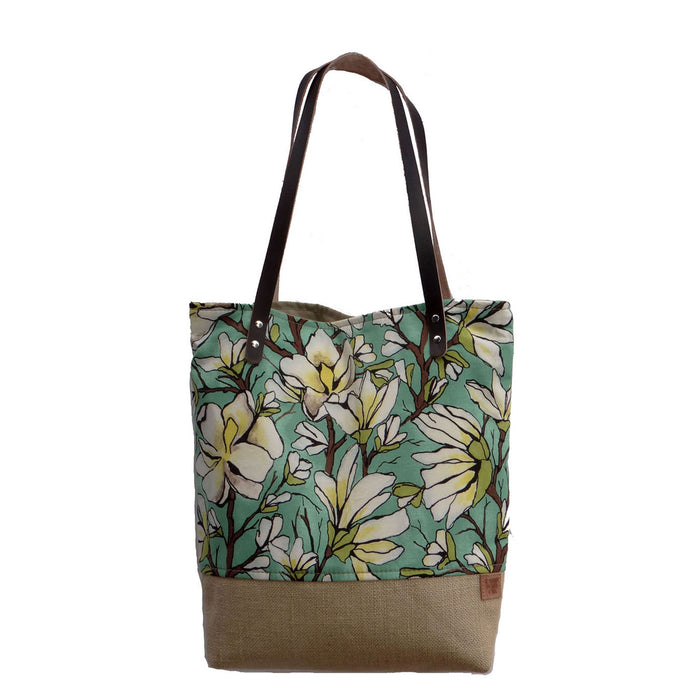 Panama Linen and Burlap Tote Bag - Floral and Beige