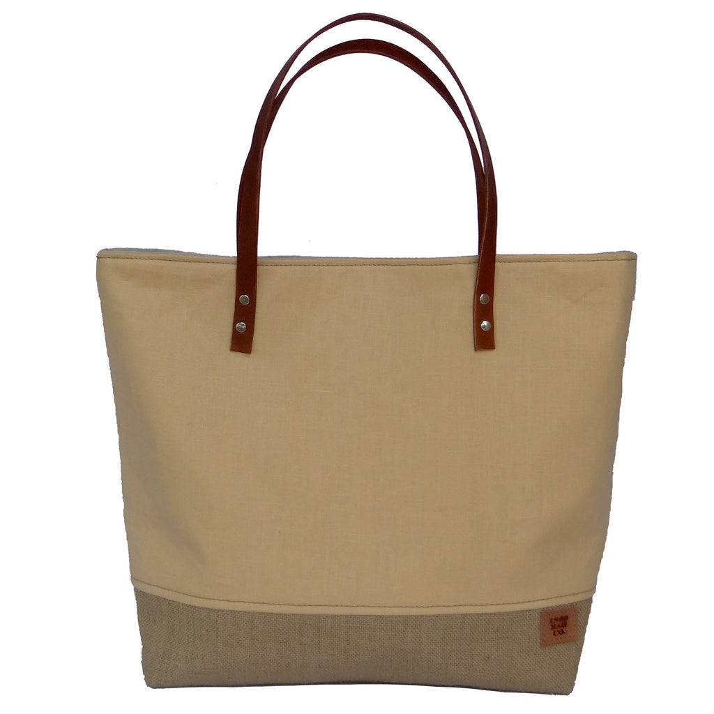 Panama Linen and Burlap Large Tote Bag -Yellow and Beige