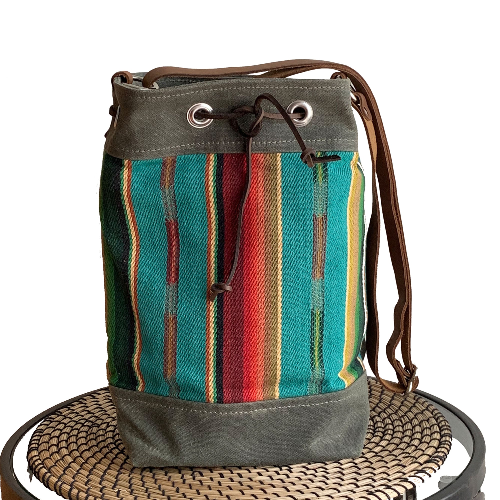 Wildwood Waxed Canvas Bucket Bag - Turquoise Strips - 1820 Bag Co.