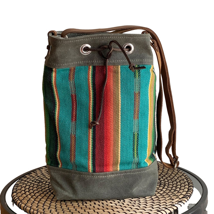 Wildwood Waxed Canvas Bucket Bag - Turquoise Strips - 1820 Bag Co.