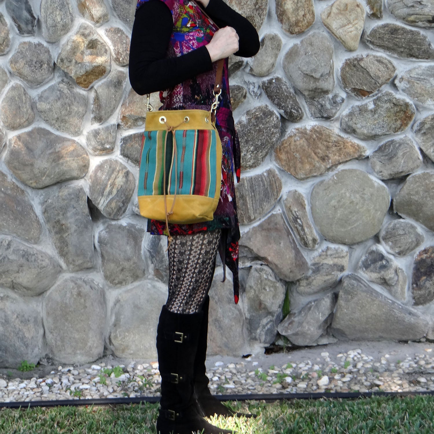 Wildwood Waxed Canvas Bucket Bag - Yellow and Turquoise - 1820 Bag Co.