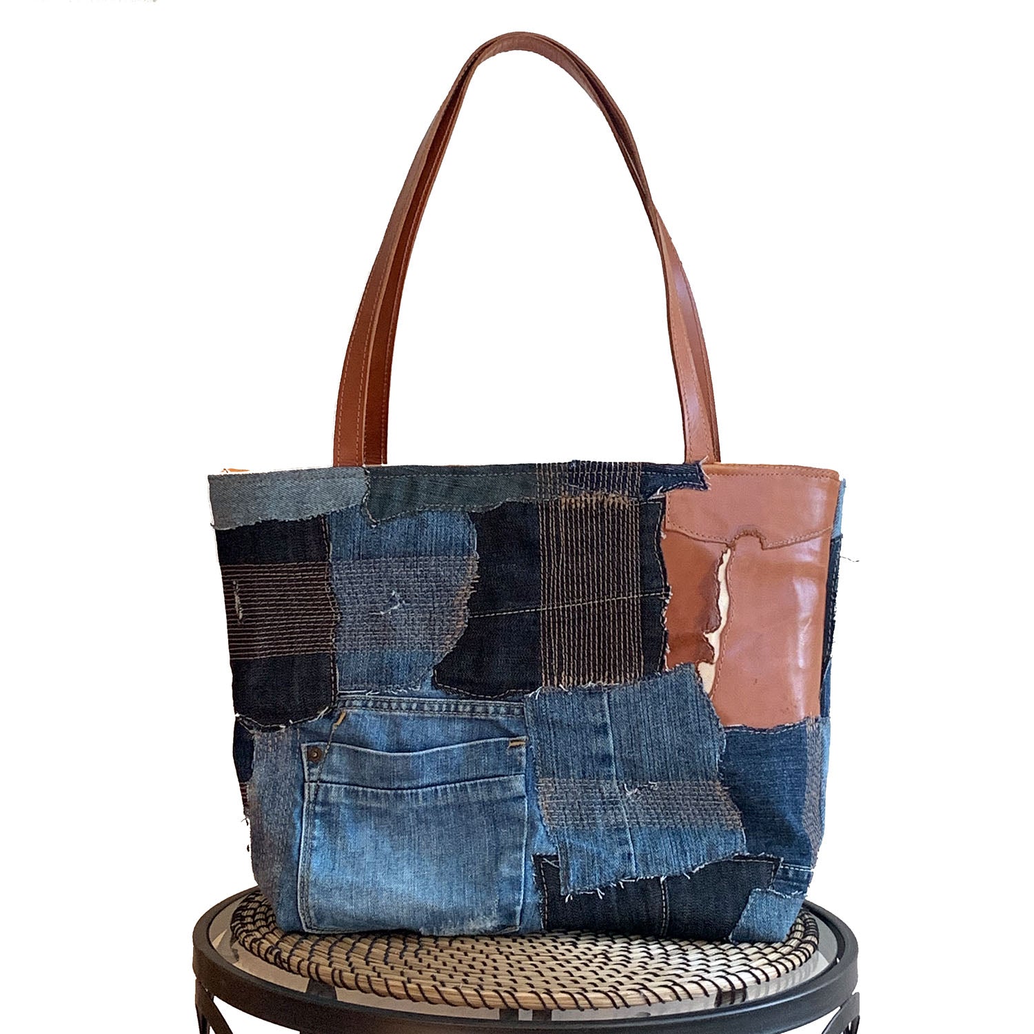 Weston Recycled Patchwork Denim and Leather Tote Bag