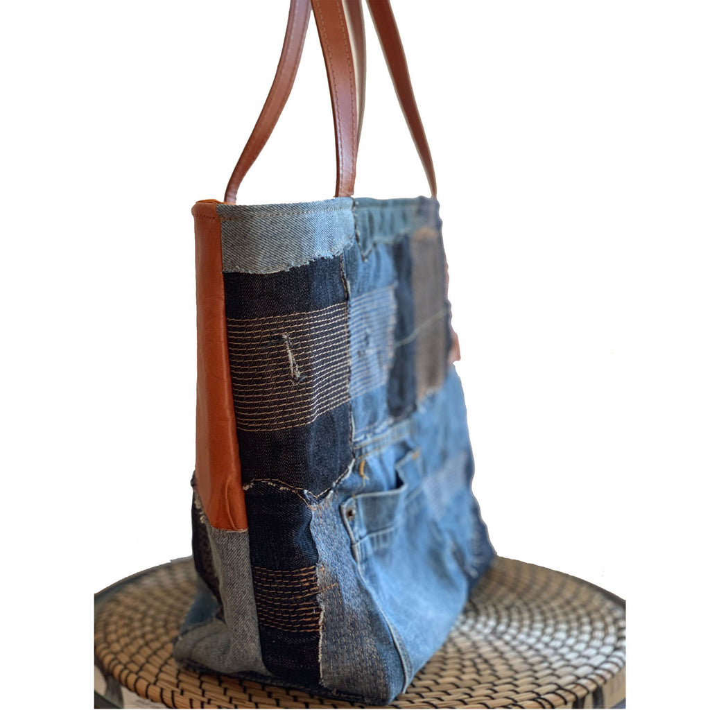 Weston Recycled Patchwork Denim and Leather Tote Bag - 1820 Bag Co.