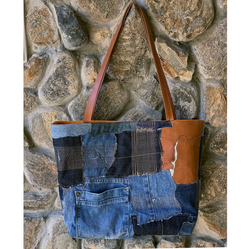 Weston Recycled Patchwork Denim and Leather Tote Bag Dark Brown