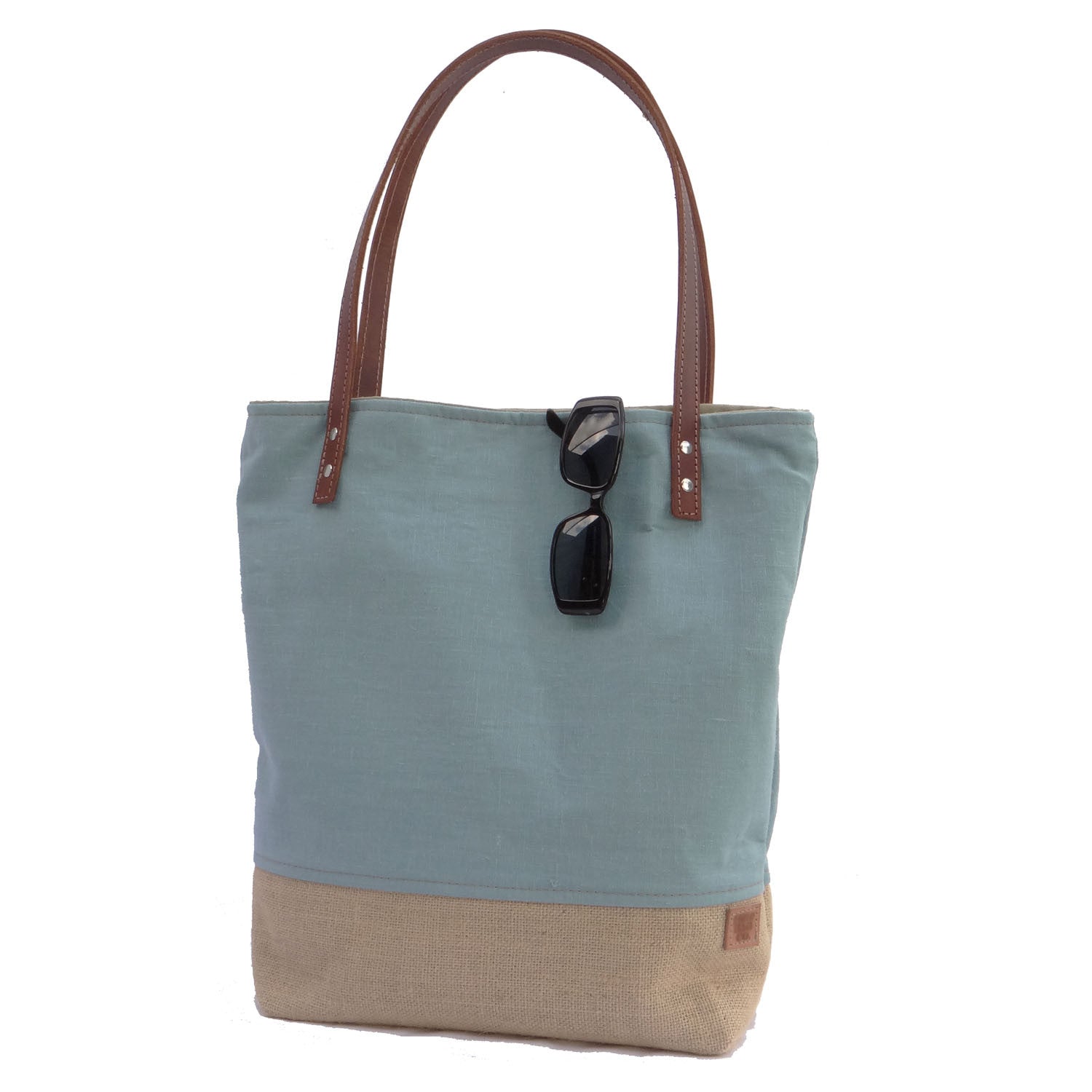 Panama Linen and Burlap Tote Bag - Blue and Beige - 1820 Bag Co.