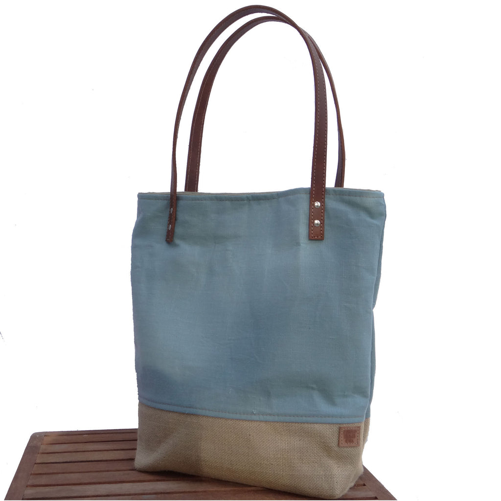Panama Linen and Burlap Tote Bag - Blue and Beige - 1820 Bag Co.