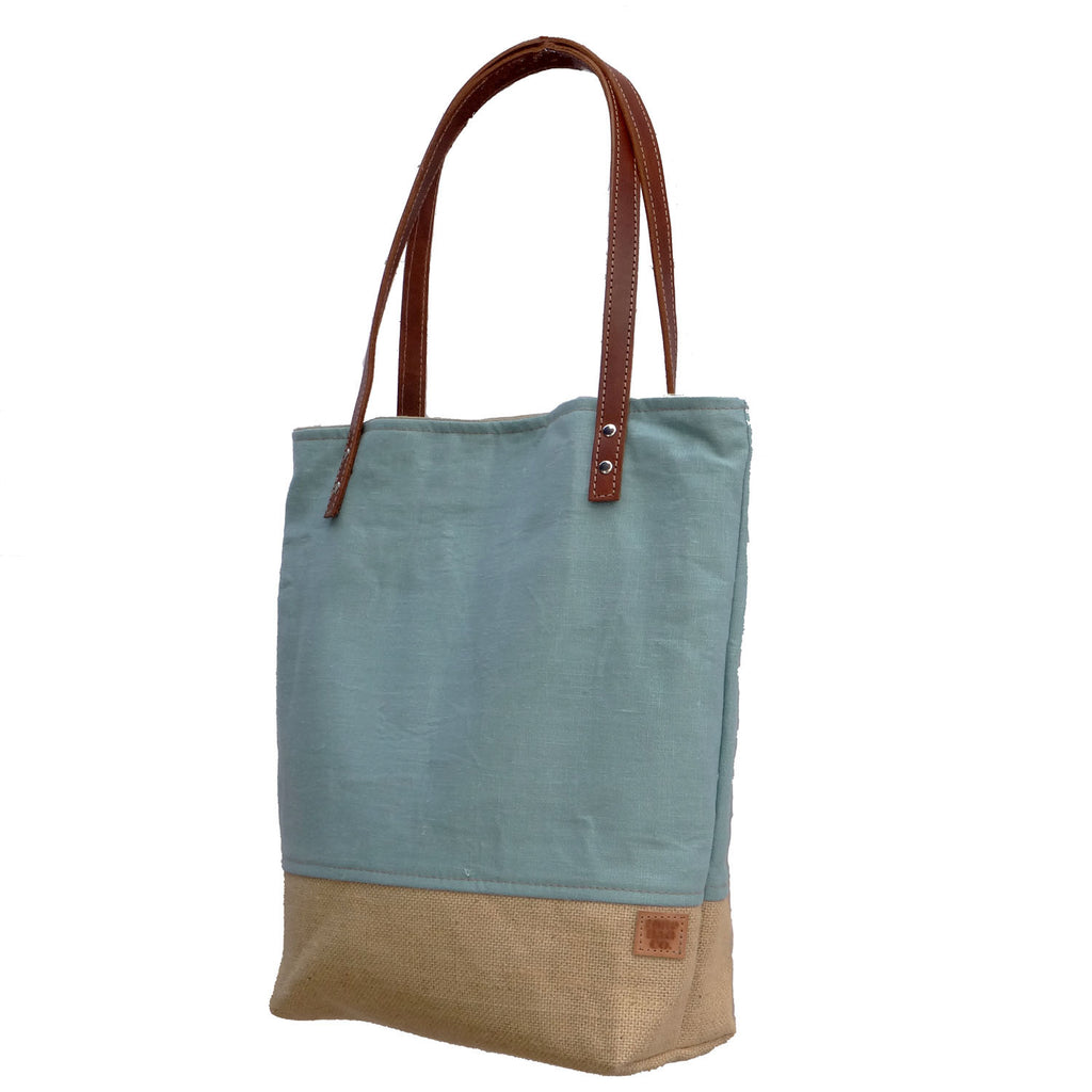Panama Linen and Burlap Tote Bag - Blue and Beige - 1820 Bag Co.