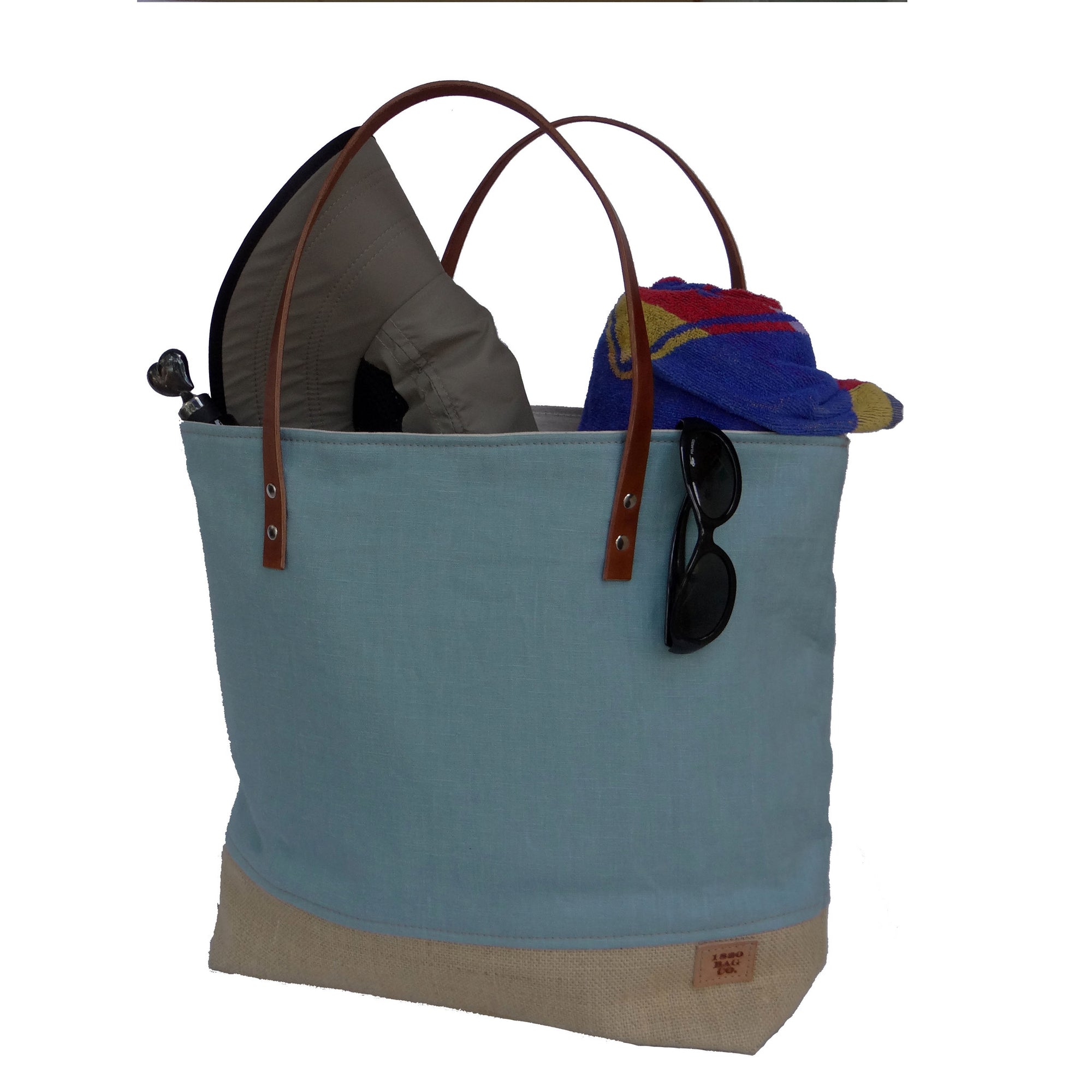 Panama Linen and Burlap Large Tote Bag - Blue and Beige - 1820 Bag Co.