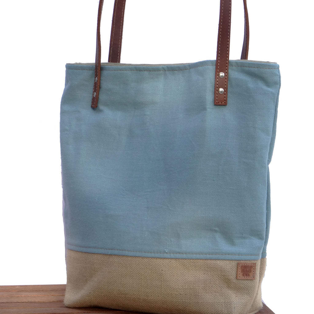 Panama Linen and Burlap Tote Bag - Blue and Beige - 1820 Bag Co.