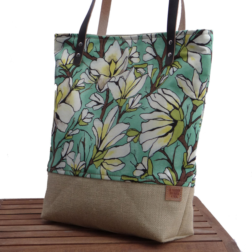 Panama Linen and Burlap Tote Bag - Floral and Beige - 1820 Bag Co.