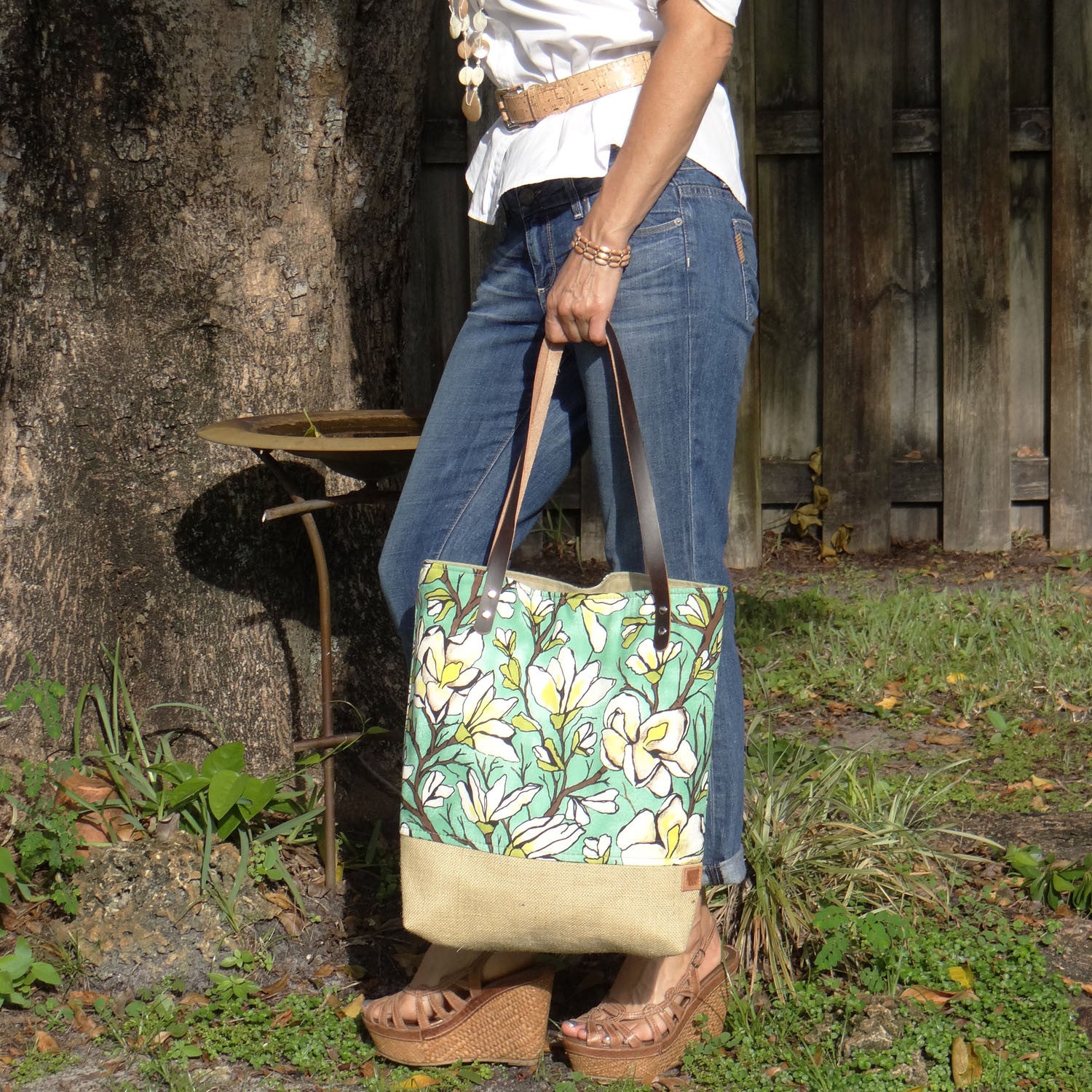 Panama Linen and Burlap Tote Bag - Floral and Beige - 1820 Bag Co.