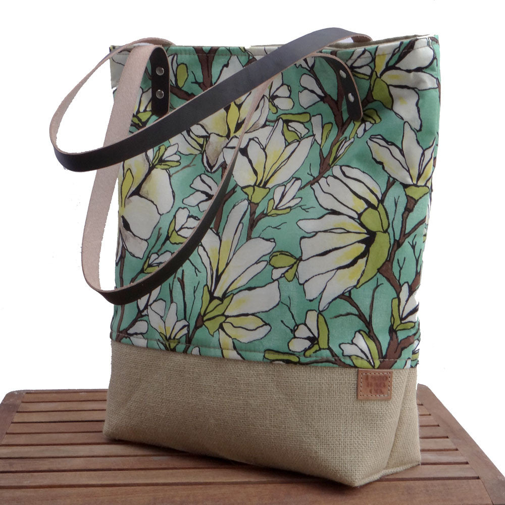 Panama Linen and Burlap Tote Bag - Floral and Beige - 1820 Bag Co.