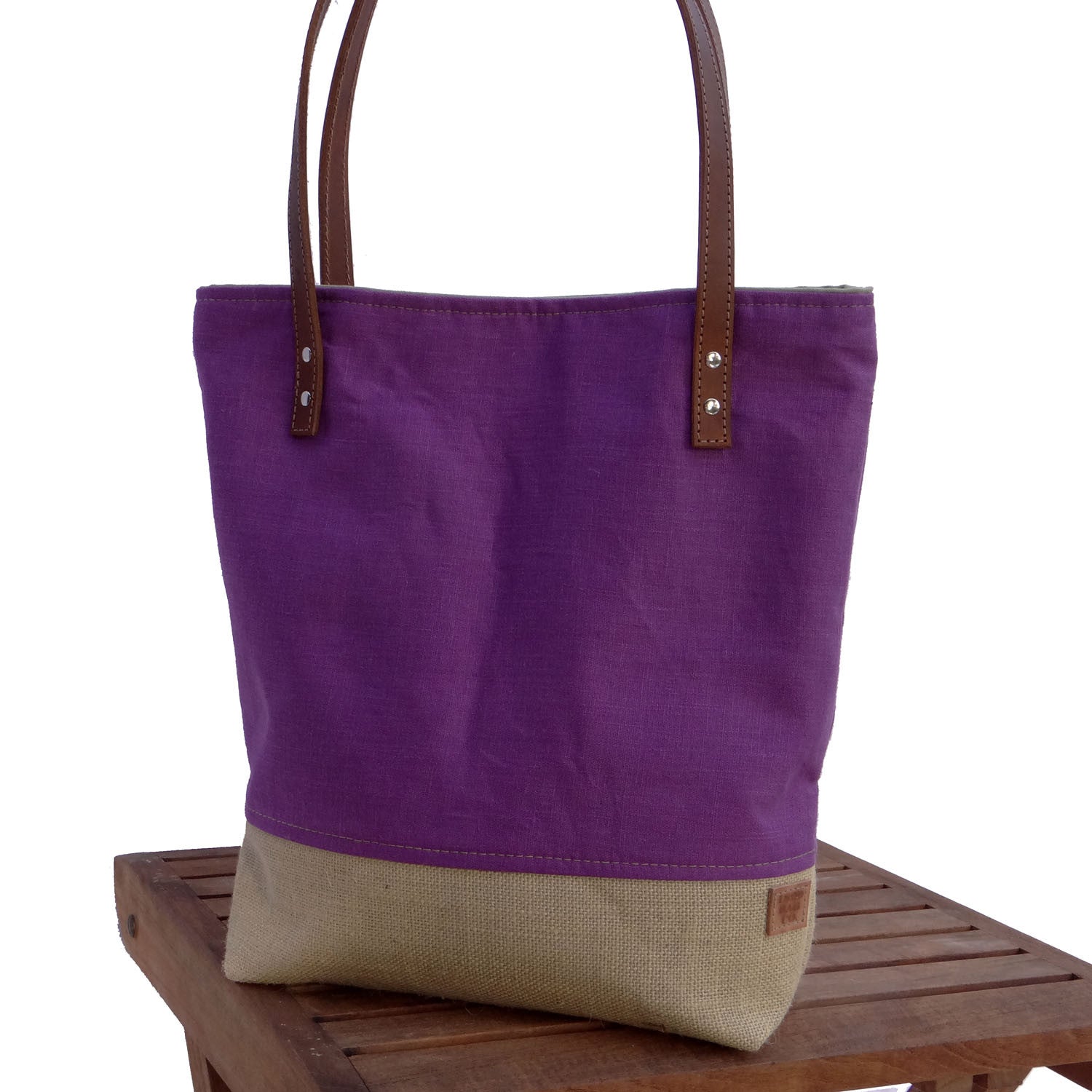 Panama Linen and Burlap Tote Bag - Purple and Beige - 1820 Bag Co.