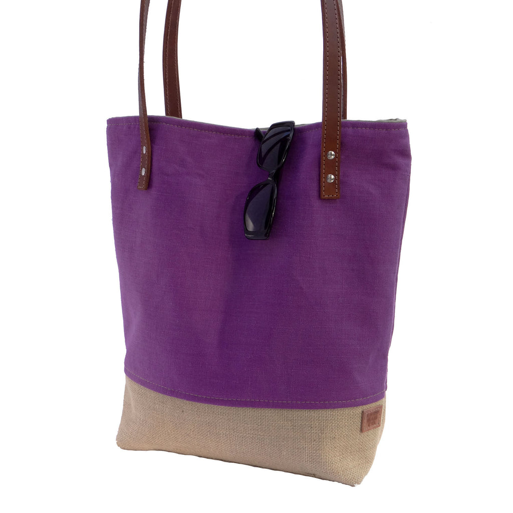 Panama Linen and Burlap Tote Bag - Purple and Beige - 1820 Bag Co.