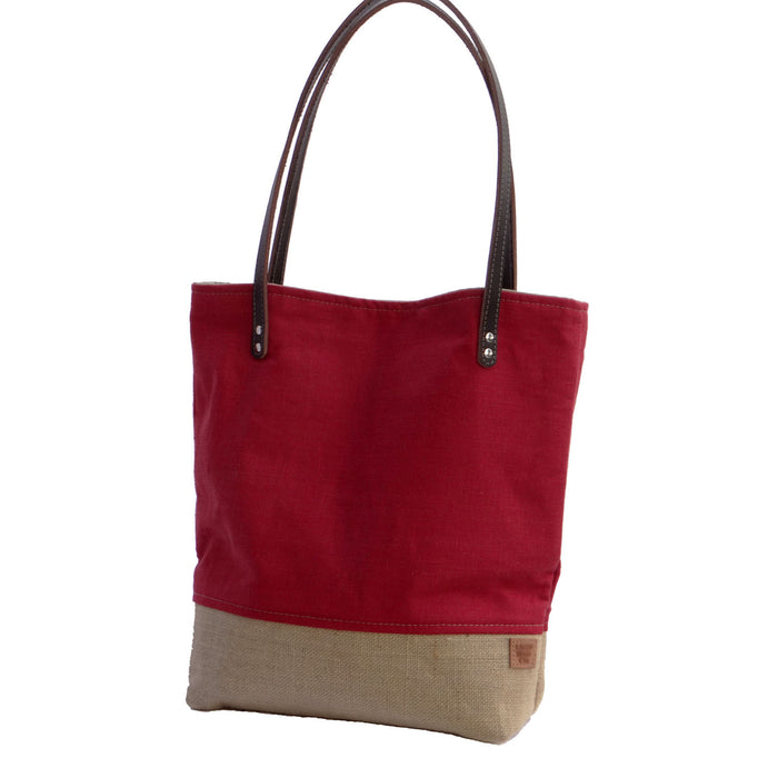 Panama Linen and Burlap Tote Bag - Red and Beige - 1820 Bag Co.