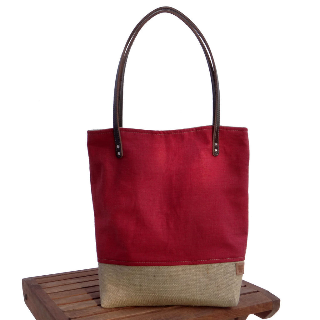 Panama Linen and Burlap Tote Bag - Red and Beige - 1820 Bag Co.