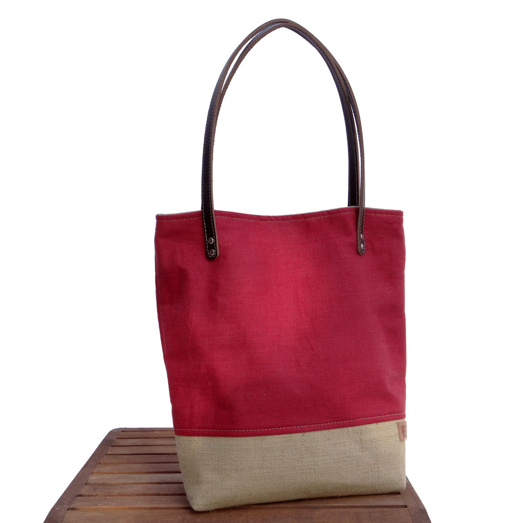 Panama Linen and Burlap Tote Bag - Red and Beige - 1820 Bag Co.