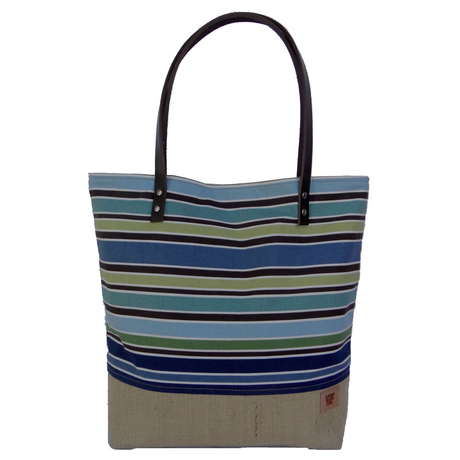 Panama Canvas and Burlap Large Tote Bag - Striped Blue and Beige - 1820 Bag Co.