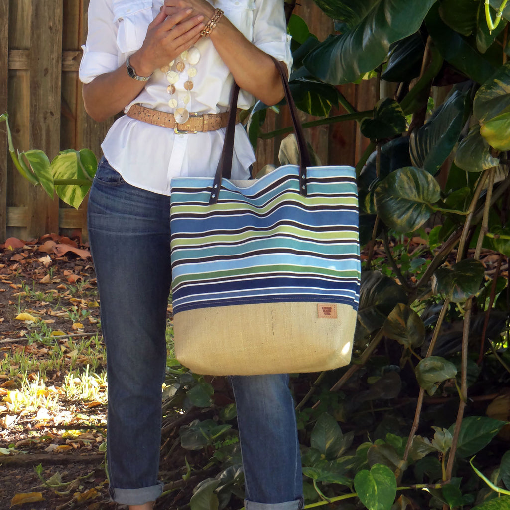 Panama Canvas and Burlap Large Tote Bag - Striped Blue and Beige - 1820 Bag Co.