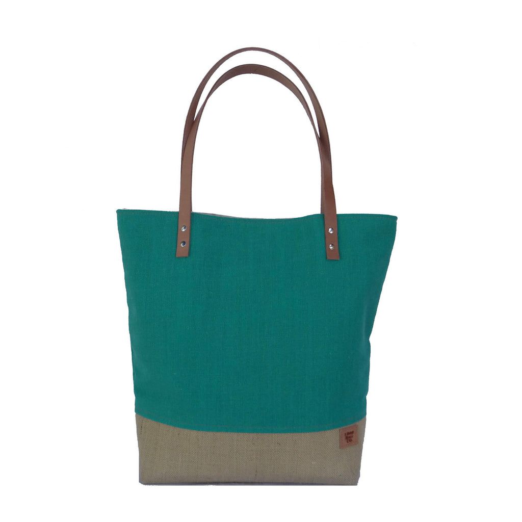 Panama Capri and Burlap Tote Bag - Teal and Beige - 1820 Bag Co.
