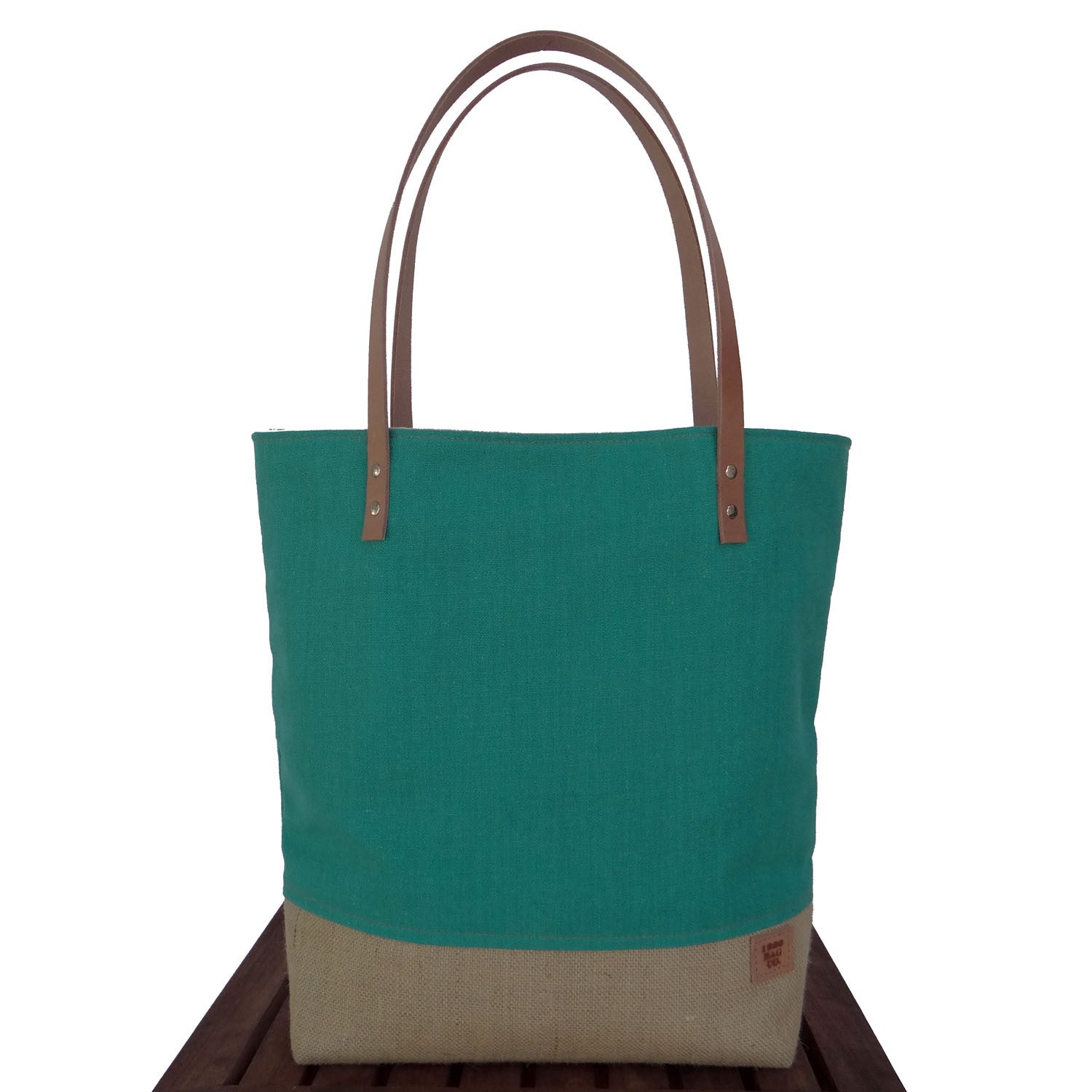 Panama Capri and Burlap Tote Bag - Teal and Beige - 1820 Bag Co.